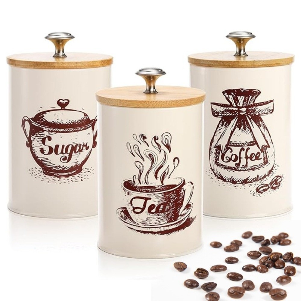 Coffee Tea Sugar Container Set - طقم علب قهوة معدنية من 3