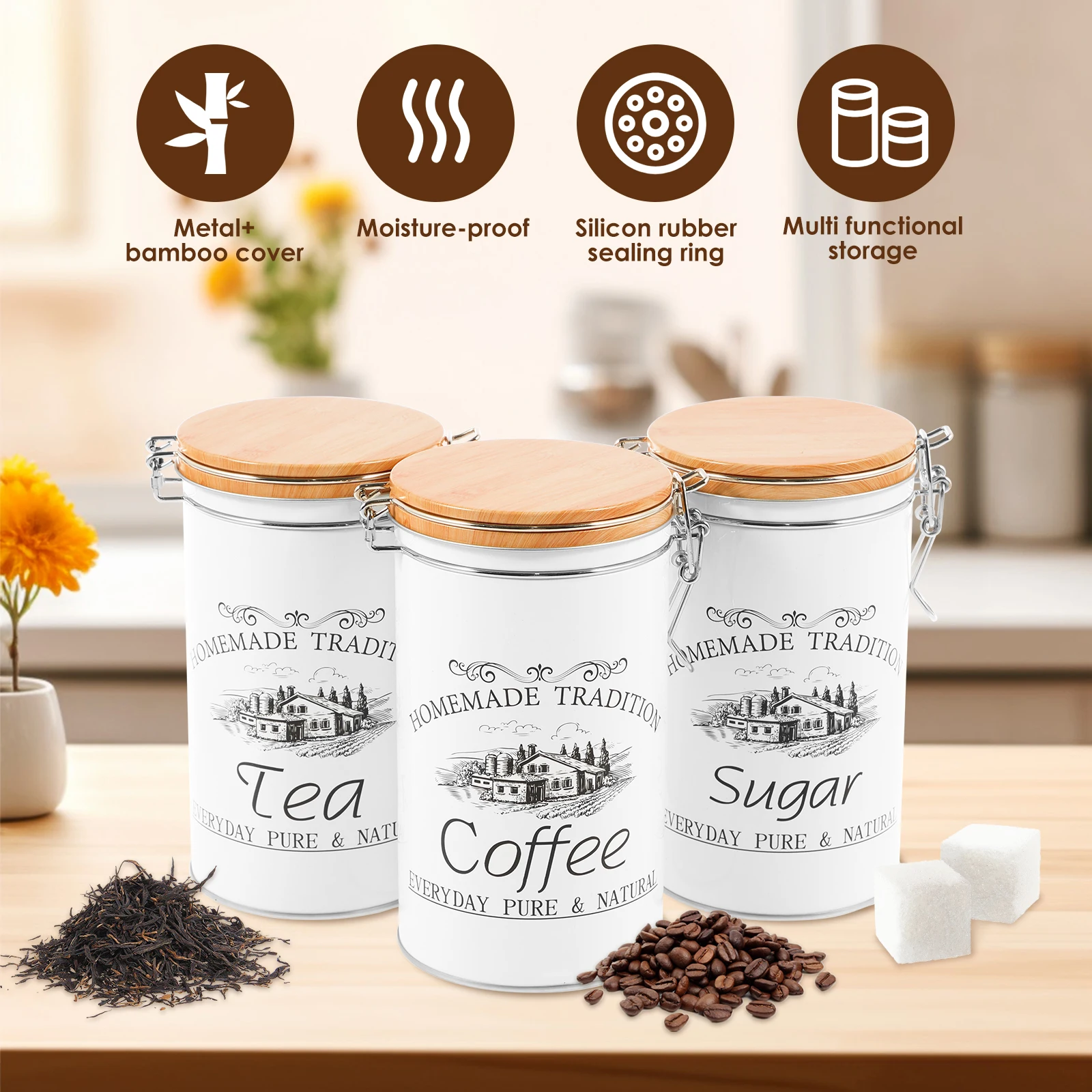 مجموعة من 3 علب معدنية لتخزين  - مراجعة Coffee Tea Sugar Canister Set وسعره